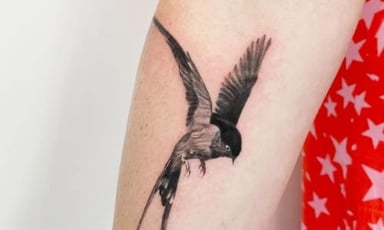 A detailed tattoo of a bird in flight on a person's arm.