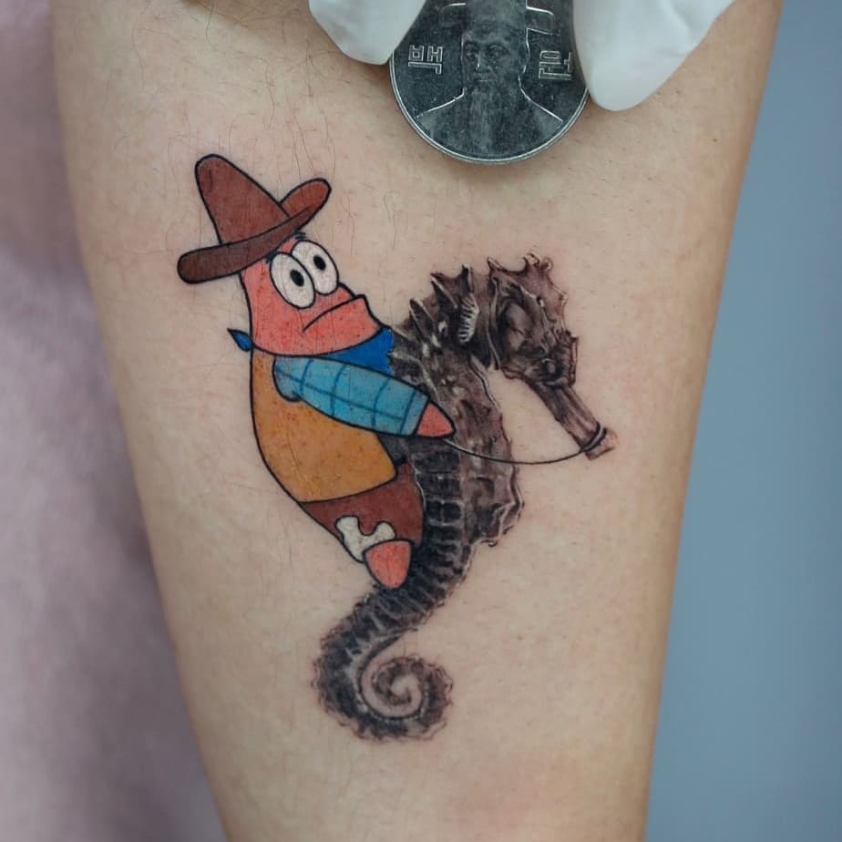 Colorful tattoo of a cartoon character riding a seahorse
