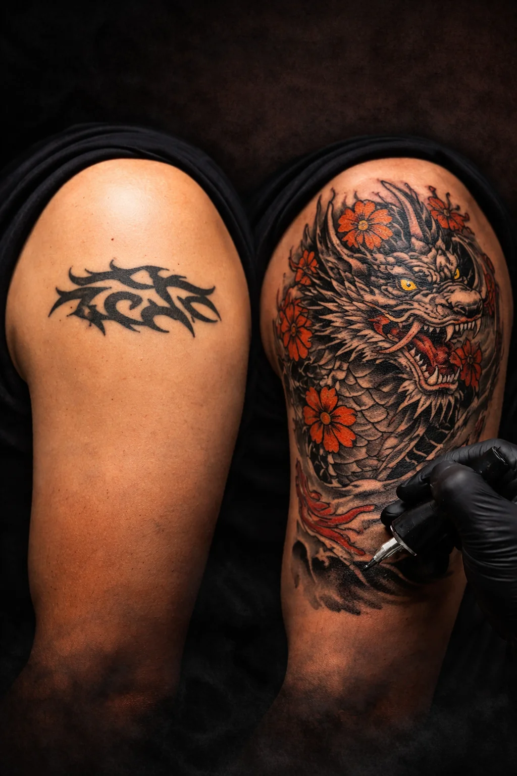 Tattoo artist applying intricate dragon and floral tattoo on thigh