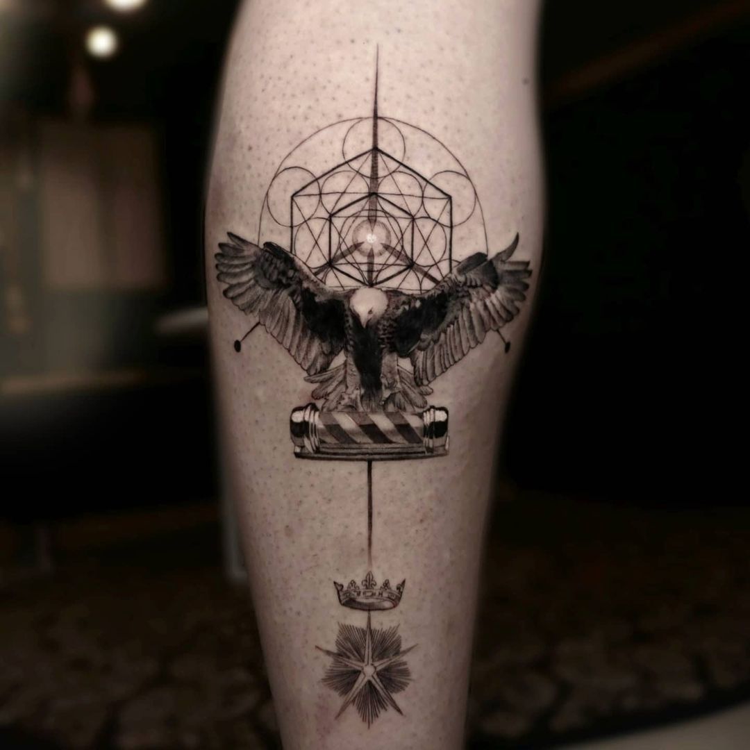 Intricate eagle tattoo with geometric patterns