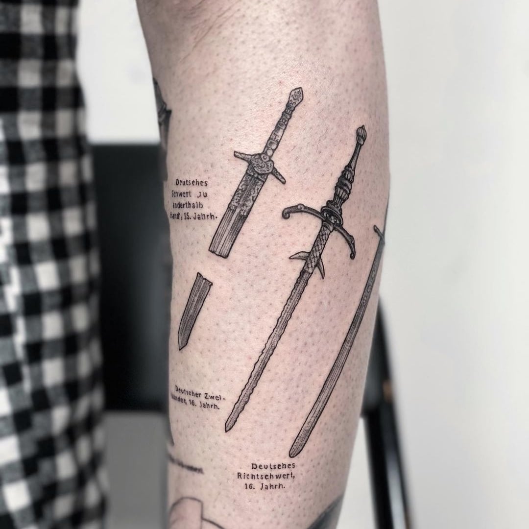 Tattoo illustration of swords on a forearm