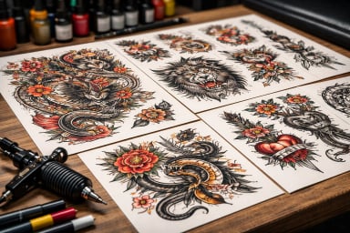 Tattoo artworks on display with vibrant colors